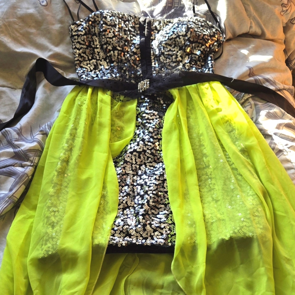 Sequin Strapless Dress with Lime Green Overlay